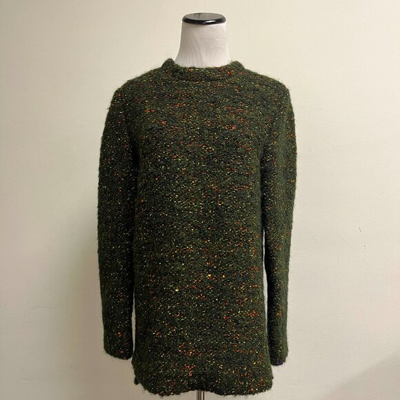 JENNI KAYNE green wool tweed silk lined crewneck back zip TUNIC SWEATER M - Picture 1 of 7